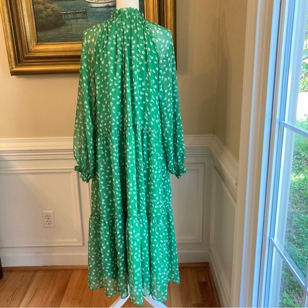 H&M Green White Ditsy Floral Print Long Sleeve Midi Dress - Picture 5 of 9